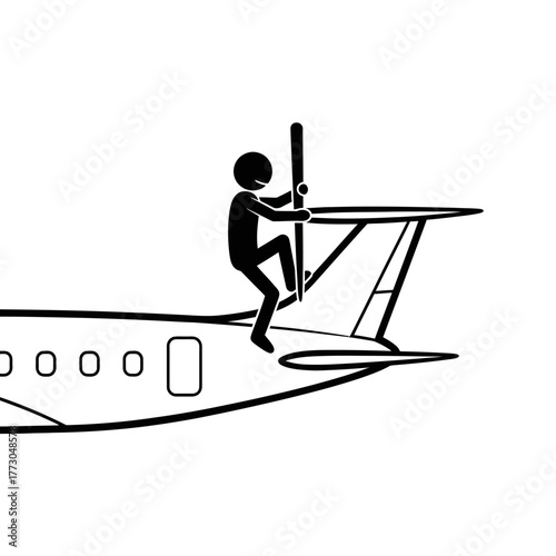 Stick figure climbs airplane wing stealthy stowaway concept travel danger adventure risk vector vector illustration on white background