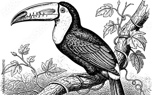 Detailed drawing of toucan perched on branch in vintage etching style