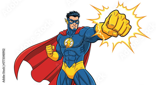 Superhero punching with a powerful fist and glowing energy.