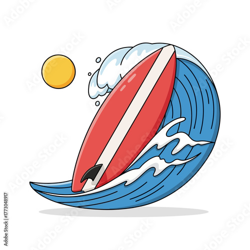 Surfboard riding a big ocean wave under the sun.