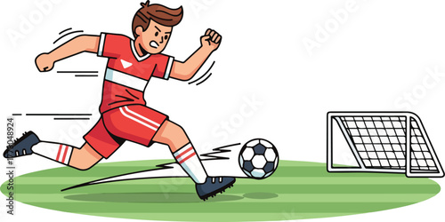 A soccer player in red uniform kicking the ball towards the goal on a green field.