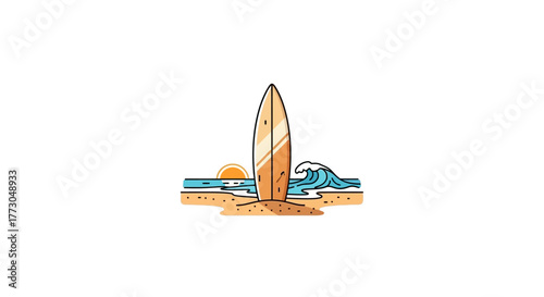 Surfboard standing on a sandy beach with ocean waves and sunset in the background.