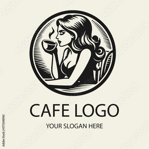 Black and white flat vector logo of a beautiful girl drinking coffee at a table, minimalist elegant outline design perfect for cafes, restaurants, branding, coffee shops and packaging.
