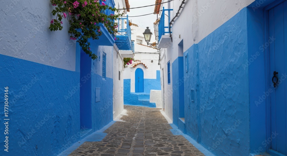 Naklejka premium A beautiful winding narrow street path framed by whitewashed walls and vibrant blue paint leading through a peaceful Mediterranean village setting, narrow, peaceful, cycladic