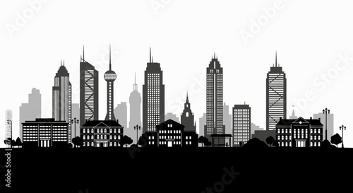 Monochromatic cityscape silhouette represents modern urban architecture and skyline vector vector illustration on white background