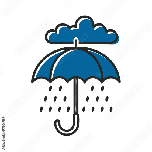 Umbrella under cloud with rain drops in flat design style  