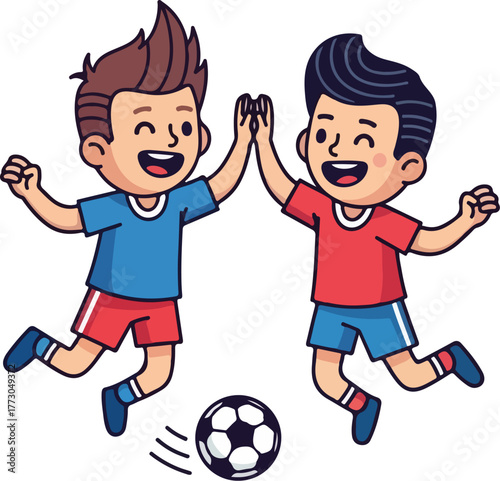 Two cartoon boys in soccer uniforms high-fiving while jumping over a soccer ball, expressing joy and teamwork.