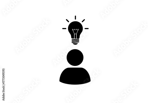 Person with lightbulb above head representing idea generation and creative thinking on a white surface