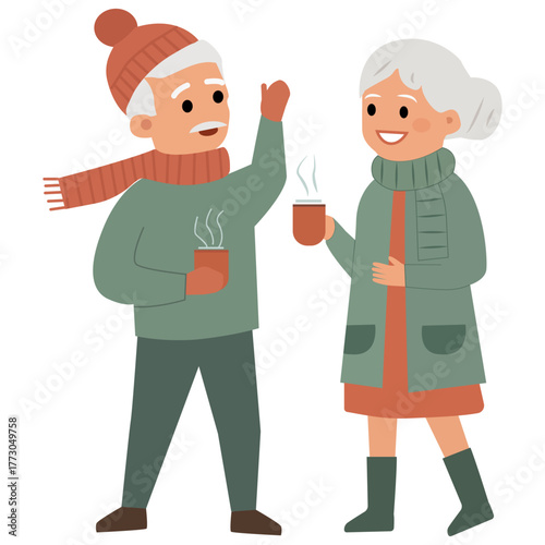 An elderly man and woman with coffee mugs laughing cheerfully