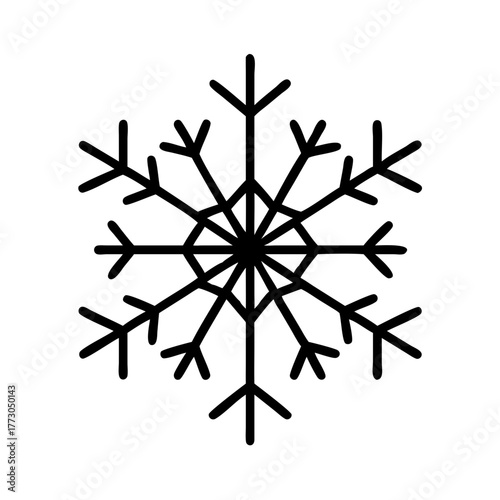 Black snowflake icon with symmetrical design for winter themes  