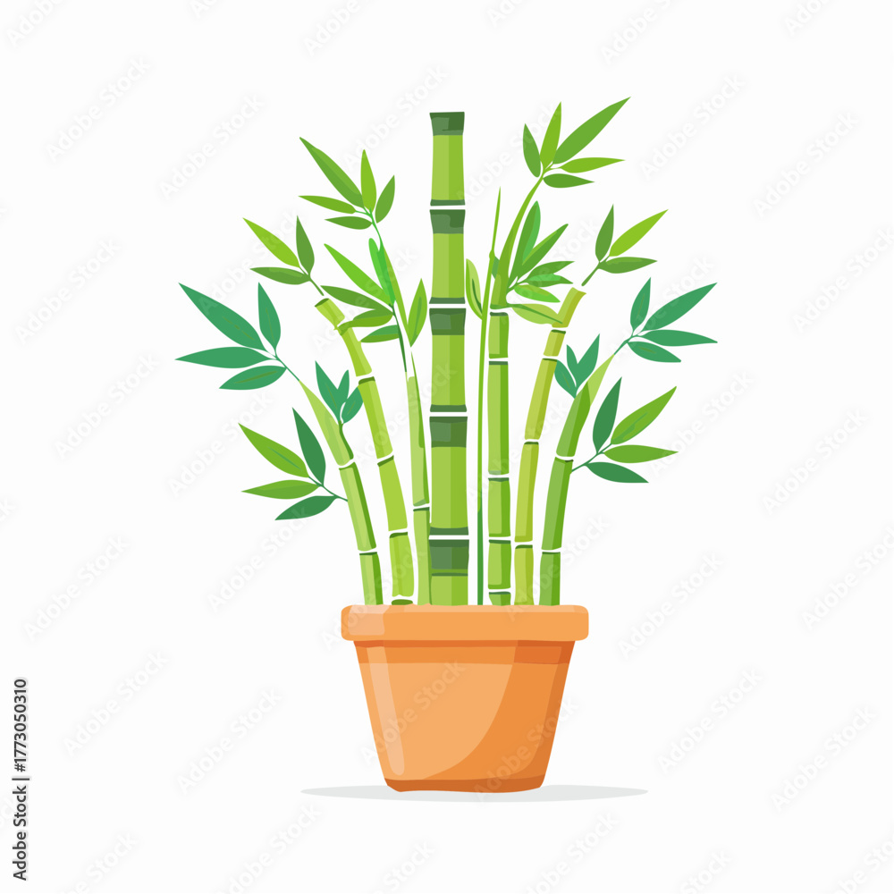 Obraz premium Vibrant green bamboo plant in a brown pot, a stylized illustration representing nature, good fortune, and decorative houseplants for various design projects