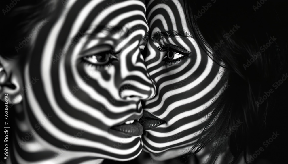 Obraz premium Two women faces with black, white wavy stripes. Optical illusion creates hypnotizing visual effect. Heads close together, showing connection, deep thought, mental focus. Modern art piece features