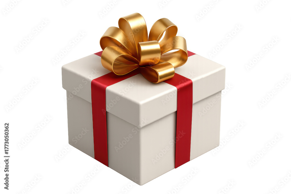 Obraz premium Gift box with red ribbon and golden bow celebrating holidays, birthday, christmas, and special occasions, transparent background