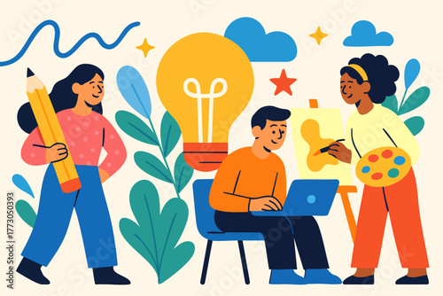 Creative teamwork illustration artists collaborating on a project