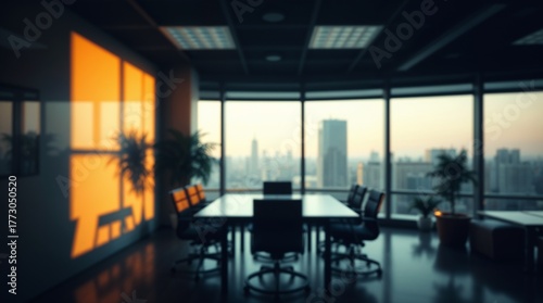 blurred background of a modern office interior with panoramic windows and beautiful lighting, Blurred office meeting room