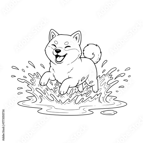Joyful Shiba Inu splashing in a puddle, coloring book page for toddlers Generative AI