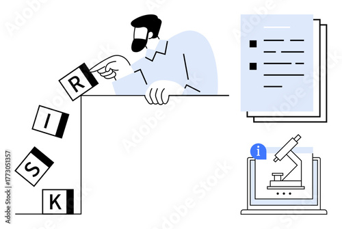 Man controlling toppled RISK blocks, emphasizing management. Accompanied by detailed reports and scientific microscope study. Ideal for risk management, analysis, science, strategy, problem-solving