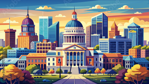 Very beautiful downtown Springfield, Illinois, USA, featuring the city skyline with modern and historic buildings under a clear sky, capturing the vibrant urban and cultural atmosphere of the state 