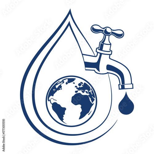Water drop with globe and faucet symbol