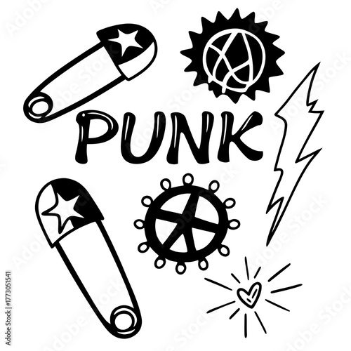 Punk rock doodle set with safety pins and symbols