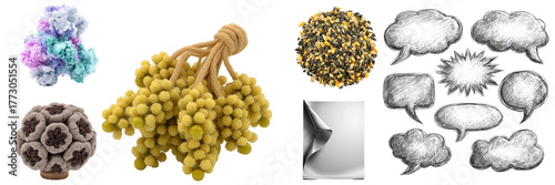 Dynamic assortment showcasing abstract forms, textures, paper curl, and speech bubbles, creating a diverse collage, on transparent background