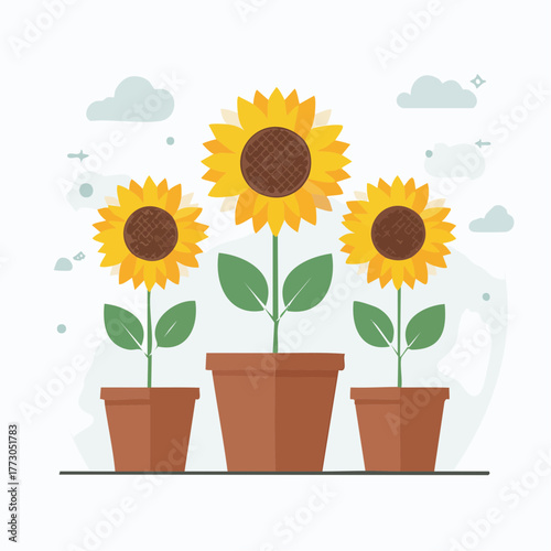 Vibrant sunflowers growing in pots, symbolizing growth, nature's beauty, and sunny optimism