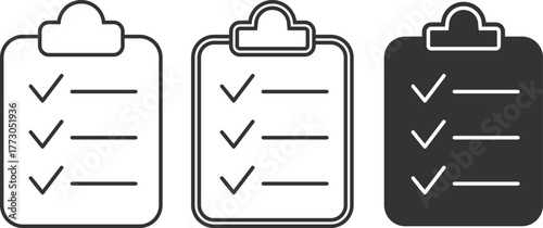 Minimalist and functional line art icon set of a clipboard with a checklist isolated on a white background