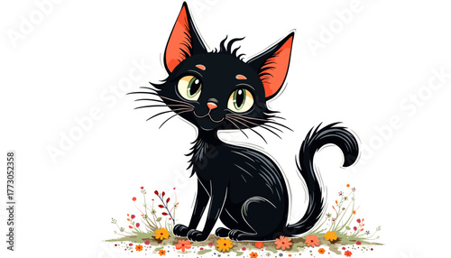 Charming black cat with green eyes sitting among colorful flowers on a light background concept