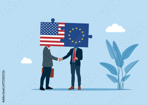 Teamwork is connected together as parts of the puzzle. Merger and acquisition. End of negotiation, success. Connecting puzzle elements jigsaw puzzle United State of America and European Union flags. 