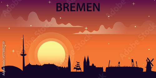 Vector illustration in flat design style (silhouette + gradient sky) depicting a panorama of Bremen at sunset. The style is minimalistic, romantic, and touristy.
