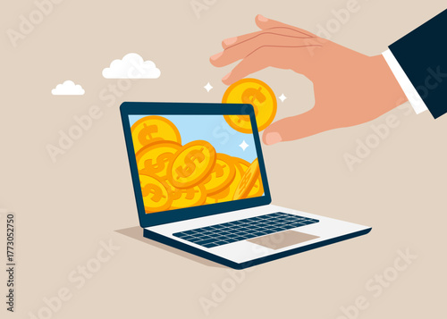 Dollar coins in laptop. Earnings on the Internet, E-commerce, Internet Marketing.  Online Savings. Vector flat illustration
