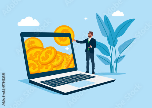  Businessman takes dollar coin from the laptop. Dollar coins in laptop. Earnings on the Internet, E-commerce, Internet Marketing.  Online Savings. Vector flat illustration