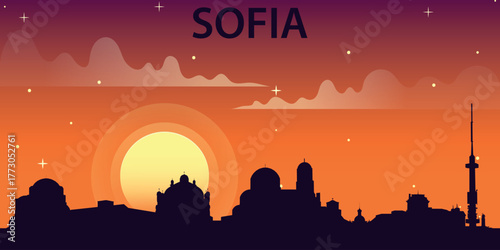 Vector illustration in flat design style (silhouette + gradient sky) depicting a panorama of Sofia at sunset. The style is minimalistic, romantic, and touristy.
