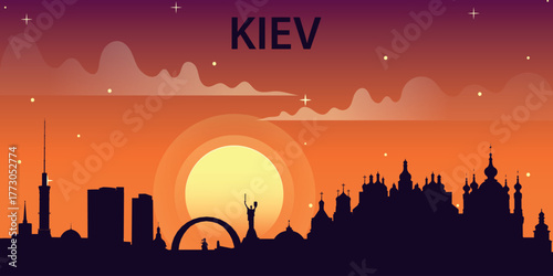 Vector illustration in flat design style (silhouette + gradient sky) depicting a panorama of Kyiv at sunset.