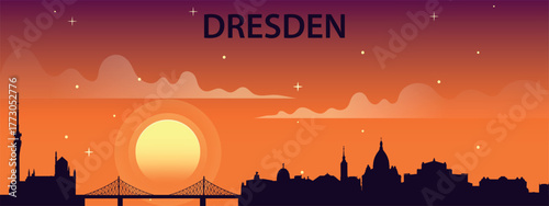 Vector illustration in flat design style (silhouette + gradient sky) depicting a panorama of Dresden at sunset. The style is minimalistic, romantic, and touristy.