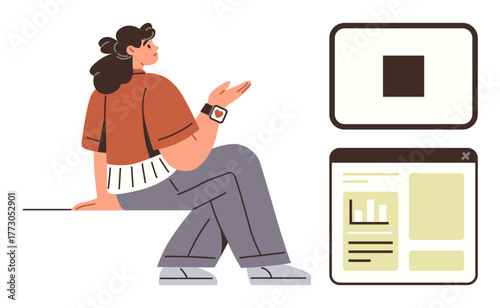 Woman seated, discussing data with open laptop, charts, and documents. Ideal for teamwork, data analysis, education, presentations communication business strategy and content creation. A simple