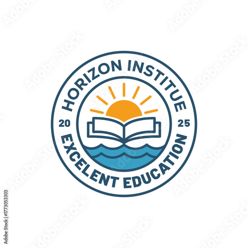 Academic logo featuring an open book with a rising sun above ocean waves inside a circular badge, symbolizing learning, growth, and knowledge for educational institutions.
