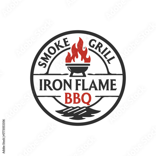 Vintage barbecue logo featuring a grill with red flames inside a circular badge, representing smoke, fire, and authentic outdoor grilling tradition.
