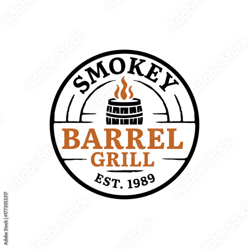 Rustic vintage barbecue logo featuring a smoking barrel with flames inside a circular badge, symbolizing traditional grilling, smokehouse cooking, and handcrafted flavor.
