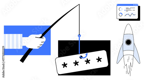 Hand with fishing rod hooking password, analytics screen, and launching rocket. Ideal for cybersecurity, data phishing, password protection, online analytics, digital safety, hacking awareness