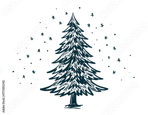 Green Christmas tree on white, hand drawn illustration	
