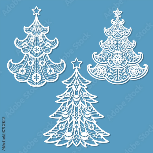 Christmas tree silhouette. Vector set template for laser, paper cutting. Decorative ornate illustration. Trees for cards, flyers, print. Modern design for winter holidays. Home decoration.