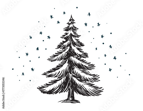 Green Christmas tree on white, hand drawn illustration	
