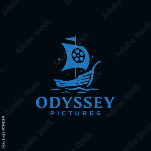 Creative logo featuring a classic ship with a film reel sail over ocean waves, symbolizing storytelling, cinematic adventure, and motion picture production.

