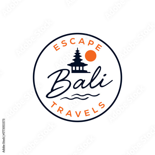 Elegant travel logo featuring a Balinese temple, ocean waves, and sunset inside a circular badge, symbolizing vacation, relaxation, and tropical adventure.
