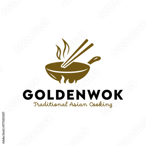 Modern restaurant logo featuring a golden wok with steam and chopsticks, symbolizing traditional Asian cuisine, flavor, and craftsmanship in a minimalist style.
