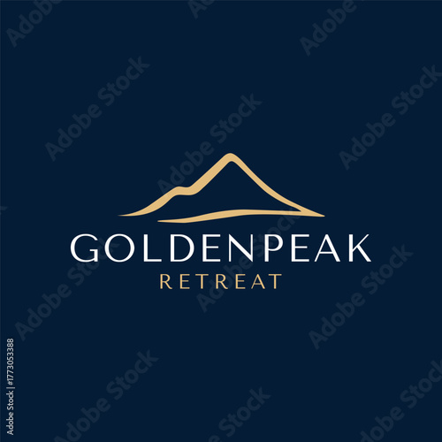 Elegant minimalist logo featuring a golden mountain peak outline on dark background, symbolizing serenity, prestige, and excellence for retreat or hospitality brands.
