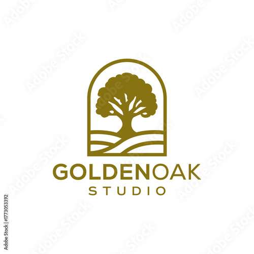 Minimalist logo featuring an oak tree inside an arched frame, symbolizing growth, stability, and creativity for a professional studio or nature-inspired brand.

