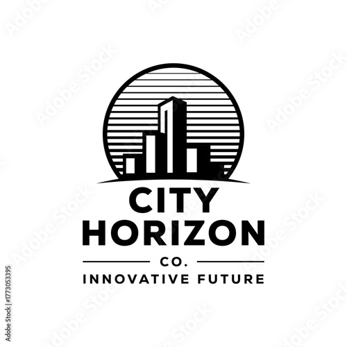 Contemporary logo featuring a stylized city skyline with a rising sun and horizontal lines, symbolizing innovation, growth, and urban development for modern companies.
