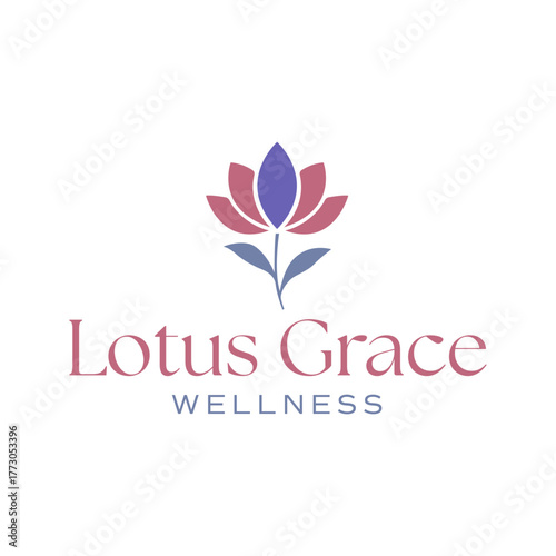 Graceful logo featuring a minimalist lotus flower in soft pink and purple tones, symbolizing balance, beauty, and serenity for wellness, spa, or holistic brands.
